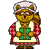 Pixelated cartoon bear in red checkered dress and white apron holding green gift box, standing against gray background with dark green text reading 'Original Icons .com' on right