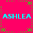 A static digital image with a bright pink background, cyan text reading "ASHLEA" repeated four times in a pattern, and green pixelated decorative elements forming a border and cross shape
