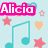 Pixelated icon with light blue background featuring pink 'Alicia' text, teal musical notes, and scattered stars/heart outlines in pastel colors.