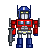 Pixel art of a robot with blue head, red torso, silver limbs, yellow eyes, and a gray weapon, standing against a gray background.