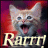 Pixelated image of a light-colored cat with wide eyes and an open mouth against a gradient background of red and purple hues, with large stylized text below.