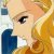 Pixelated close-up of a character with light brown hair, dark eye, and blue clothing against a yellow background.