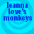 Four identical blue pixelated text on a cyan background with concentric circles, each reading "leanna love's monkeys" in blocky font
