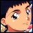 Pixelated anime-style character face with light skin, brown hair, and large eyes, next to stylized text on a black background.