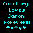 Pixelated cyan text on black background reads "Courtney Loves Jason Forever!!!" with five heart symbols below, two versions differ in one central heart's color.