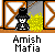 Pixelated character in black top hat and suit stands before orange X-patterned frame with yellow/orange particle effects, text 'Amish Mafia' below.