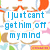 Pixelated blue text reads "I just cant get him off my mind" on white background with colorful abstract shapes.