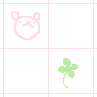 Pixelated pink cartoon face with rounded ears and a mustache, displayed in a with green four-leaf clovers on a white background