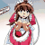 Pixelated anime-style character with brown hair and red clothing, holding a white circular object against a light blue sky background.