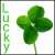 Green four-leaf clover with stem on white background, left side shows vertical 'LUCKY' text in green pixelated font.