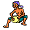 Pixel art animation of a shirtless man with a blue checkered headscarf playing a yellow drum in teal shorts across five sequential frames.