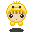 Pixel art character with yellow hair and crown-like top, black eyes with white highlights, pink cheeks, and yellow clothing, shown in two states with subtle facial expression differences.