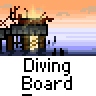 Animated contact sheet of a diving board icon with multiple frames showing sequential motion against an ocean sunset background.