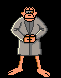 Pixelated cartoon character in gray robe with orange limbs, holding signs reading 'Send' and 'Mail'