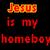 Pixelated text displays "Jesus is my homeboy" in red and yellow on black background with animated color shifts.