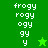 Green background with white pixelated text 'frogy', 'rogy', 'ogy', 'gy', 'y' stacked vertically, two green star icons in lower-right corners of