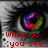 A four- of a cat's eye with rainbow-colored iris, displaying sequential text overlays in red pixelated font
