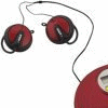 Red portable CD player with black headphones connected by black wire, displayed on white background with text below.