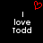 Red pixelated heart symbol above two identical white text blocks reading 'I love Todd' on black background.