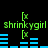 Green text 'shrinkygirl' appears twice on a black background with blue horizontal bars and green brackets, animated with changing bar patterns.