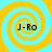Four identical spiral patterns with alternating cyan and yellow rings, each containing the text "J-Ro" in black pixelated font.
