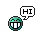 Pixelated teal sphere with wide white teeth and closed eyes, paired with a speech bubble containing 'HI' text in black or green on white background.