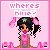 Pixel art character with black pigtails and pink accessories on a pink background, text 'wheres blue?' above.