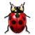 Pixelated red ladybug with black spots, yellow accents on head, and black antennae on gray background.