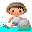 A 4x4 contact sheet of pixel art frames showing a cartoon character fishing with a net, transitioning from water splashes to holding a red fish.