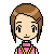 Pixel art character with brown hair and pink hair clip, wearing pink top with yellow necklace, holding camera in various poses.