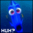 Animated blue fish character with large eyes displays three sequential expressions: confused, questioning, and wide-eyed surprise against a dark blue background.
