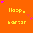 Orange background with yellow text repeating 'Happy Easter' in a , scattered purple stars, and a gray rectangle in the bottom-right corner