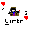 Pixel art contact sheet of three animated frames showing a character holding playing cards with heart symbols and the name 'Gambit' below, on gray background.