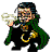 Pixelated character in green cloak and black outfit holding a smoking pipe, with two showing smoke movement