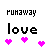 Pixel art of six 'runaway love' icons with color variations in text and hearts, each icon showing static text above three pixelated hearts