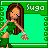 Pixelated cartoon woman in green outfit with long brown hair, standing against bright green background with 'Suga' text above.