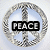 A circular silver peace sign icon with a black text box containing 'PEACE' in white capital letters on a light blue background.