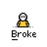 A 4x4 contact sheet of pixel art frames showing a yellow stick figure with white head in various poses, most labeled "Broke" and one frame displaying text bubbles reading "I NEED A JOB...".