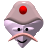 Pixelated character with light purple face, black eyes, pink mustache, and red circular emblem on top of head against gray background.