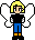 Pixelated angel character with blonde hair, black shirt, blue pants, orange shoes, and white wings in six sequential poses.