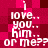 A pixelated image with white text on a red and dark red checkered background, repeating the phrase "i love.. you.. him.. or me??" in two vertical