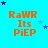 identical orange text 'RaWR Its PiEP' on a bright cyan background with scattered blue and light blue stars, one frame showing a gray rectangle at the bottom right