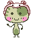 Pixelated character with green body, pink cheeks, and brown-and-white headband in three poses: waving, arms raised, and winking.