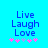 Blue background with blue text reading Live Laugh Love and five pink/purple stars below, two versions side-by-side showing star color variations.