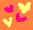 Four pixelated heart shapes in yellow and pink on an orange checkered background, arranged as two pairs.