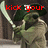 A pixelated character in a green hat and beige coat holds a sword, with red text changing across frames.