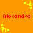 Red text "Alexandra" appears twice on an orange background with yellow pixelated square animations in four corners.