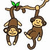 Two brown monkeys hang from a branch with green leaves; one monkey's legs are extended while the other is curled, all in pixelated style.
