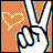 Pixelated orange background with yellow heart and white peace sign outlined in black, blue, and brown pixels.