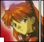 Anime-style character with orange hair in a ponytail, yellow skin tone, and red clothing against a gradient background.